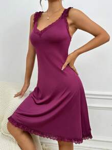 对比色蕾丝荷叶边装饰开衩后背睡衣睡裙 - 中紫紅色 - 查看 3