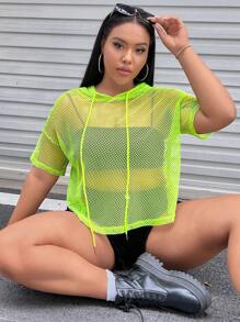 SHEIN EZwear Hơn Dây rút áo có mũ Lưới Lưới cá Áo Không có áo ngực - màu xanh lá - Xem 1