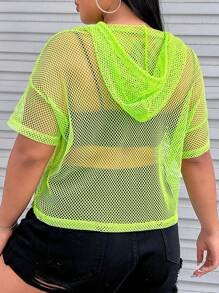 SHEIN EZwear Hơn Dây rút áo có mũ Lưới Lưới cá Áo Không có áo ngực - màu xanh lá - Xem 2
