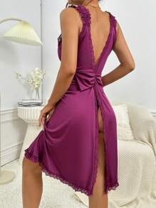 对比色蕾丝荷叶边装饰开衩后背睡衣睡裙 - 中紫紅色 - 查看 5