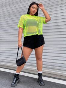 SHEIN EZwear Hơn Dây rút áo có mũ Lưới Lưới cá Áo Không có áo ngực - màu xanh lá - Xem 3