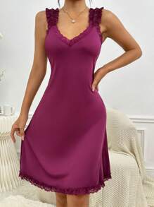 对比色蕾丝荷叶边装饰开衩后背睡衣睡裙 - 中紫紅色 - 查看 6