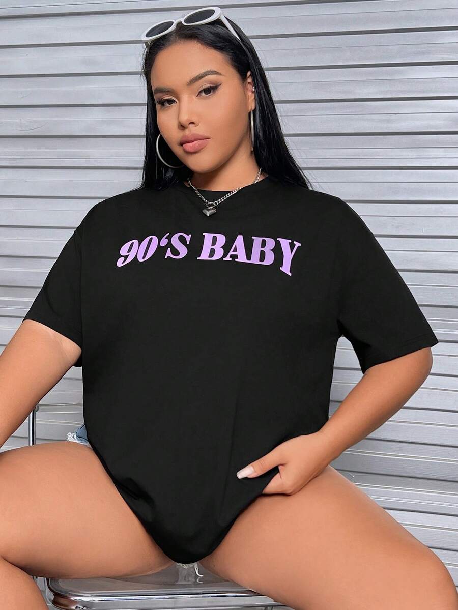 SHEIN EZwear Hơn Đồ họa Chữ cái Áo thun Thả vai - màu đen - Xem 1
