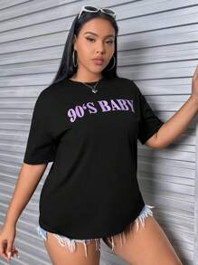 SHEIN EZwear Hơn Đồ họa Chữ cái Áo thun Thả vai - màu đen - Xem 3