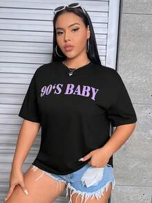 SHEIN EZwear Hơn Đồ họa Chữ cái Áo thun Thả vai - màu đen - Xem 4