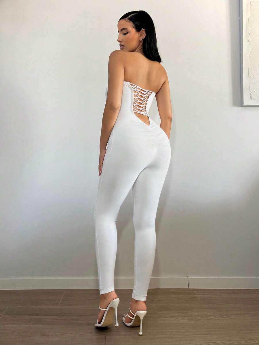 SHEIN SXY Solid Cut Out Backless Tube Unitard Jumpsuit - White - View 1