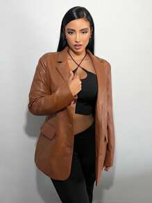 SHEIN SXY Lapel Neck PU Blazer - Brown - View 1