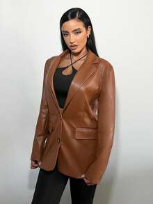 SHEIN SXY Lapel Neck PU Blazer - Brown - View 3