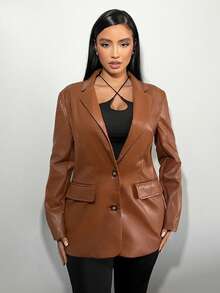 SHEIN SXY Lapel Neck PU Blazer - Brown - View 4