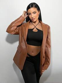 SHEIN SXY Lapel Neck PU Blazer - Brown - View 5