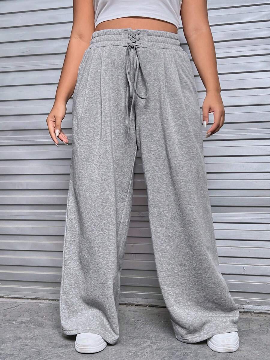 SHEIN EZwear Plus Lace Up Front Joggers - Grey - View 1
