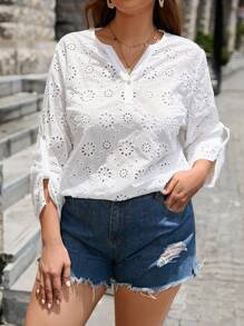 SHEIN LUNE 波西米亞前紐扣 網眼刺繡純色加大襯衫 - 白色 - 查看 3