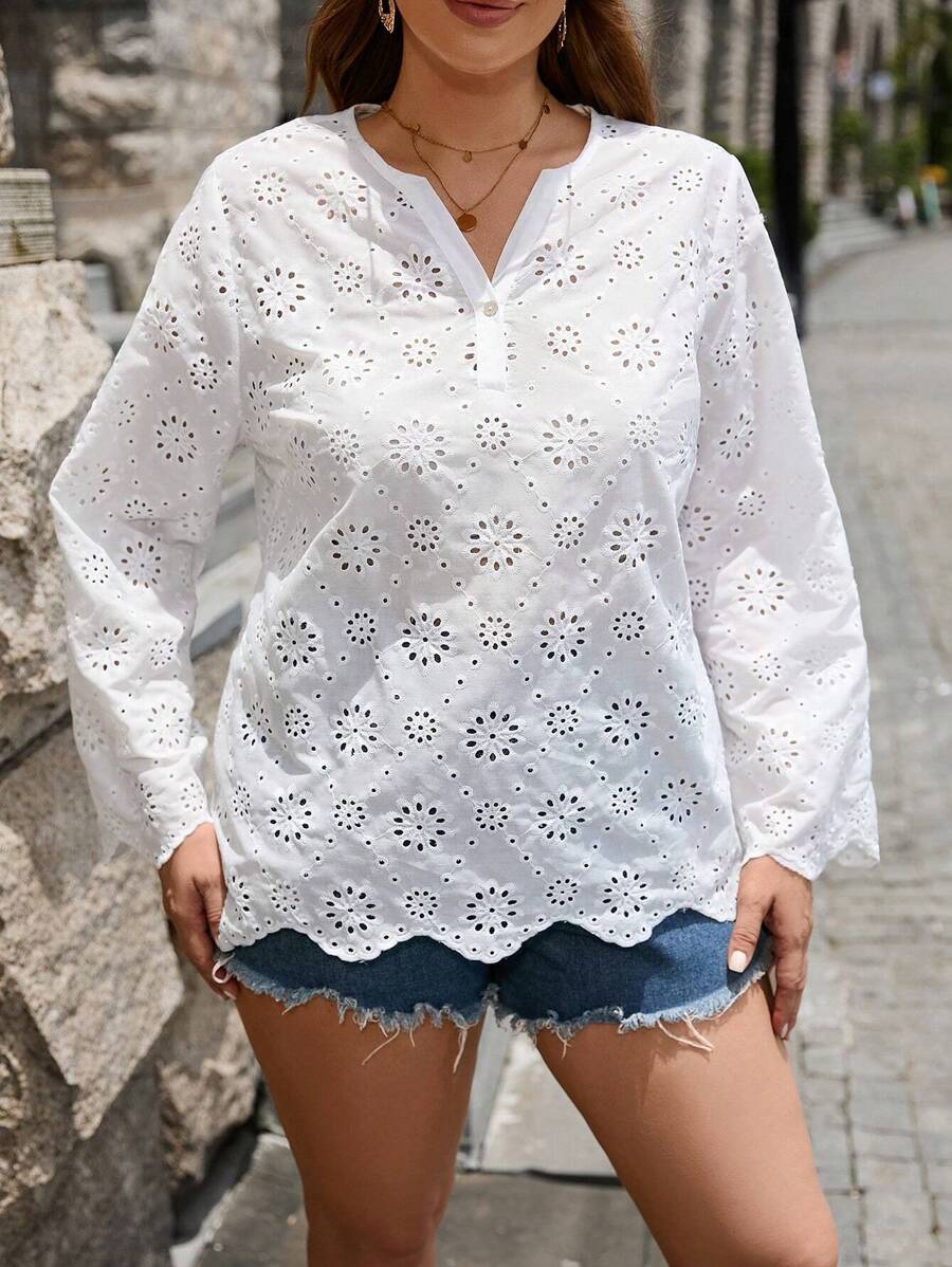 SHEIN LUNE 波西米亞前紐扣 網眼刺繡純色加大襯衫 - 白色 - 查看 1