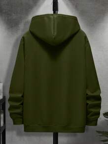 Manfinity Dauomo 男士袋鼠口袋抽繩加絨內裏連帽衫 - 軍綠色 - 查看 2