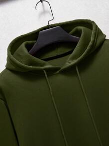 Manfinity Dauomo 男士袋鼠口袋抽繩加絨內裏連帽衫 - 軍綠色 - 查看 3