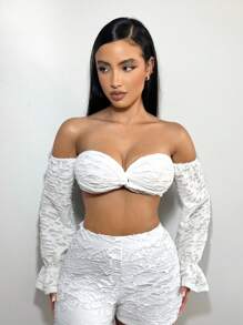 SHEIN SXY Off Shoulder Flounce Sleeve Crop Top - White - View 1