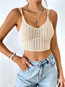 SHEIN Essnce Chất rắn Ngắn Cami Knit Top - Màu be - Xem 6