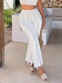 SHEIN SXY Solid Fringe Trim Flare Leg Trousers - White - View 6