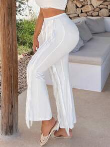 SHEIN SXY Solid Fringe Trim Flare Leg Trousers - White - View 3