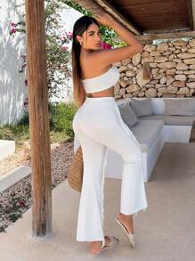 SHEIN SXY Solid Fringe Trim Flare Leg Trousers - White - View 4