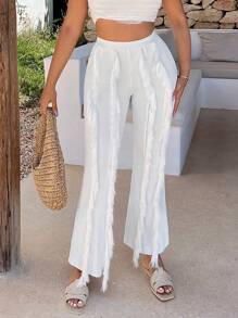 SHEIN SXY Solid Fringe Trim Flare Leg Trousers - White - View 5