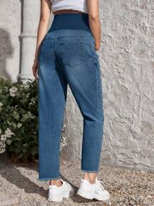 SHEIN 孕婦寬腰帶毛邊牛仔褲 - 中等水洗藍 - 查看 2