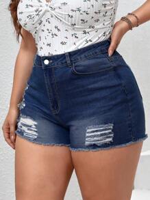 大碼破洞毛邊牛仔短褲 - 深色水洗藍 - 查看 3