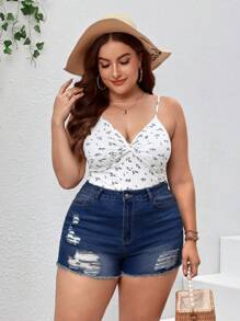 大碼破洞毛邊牛仔短褲 - 深色水洗藍 - 查看 5