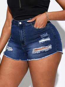 Talla grande Shorts mezclilla desgarro bajo crudo de talle alto - Azul lavado oscuro - Ver 2