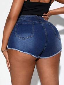 Talla grande Shorts mezclilla desgarro bajo crudo de talle alto - Azul lavado oscuro - Ver 4