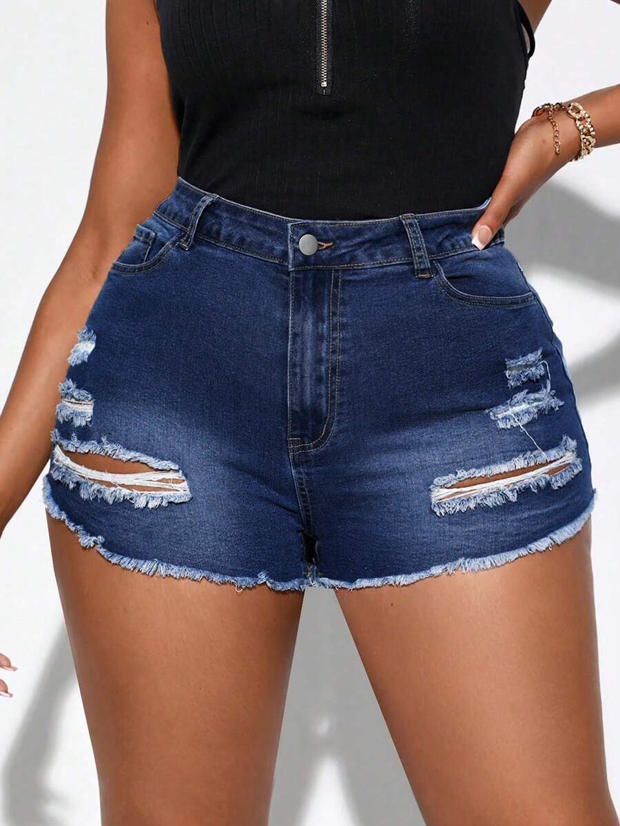 Talla grande Shorts mezclilla desgarro bajo crudo de talle alto - Azul lavado oscuro - Ver 1