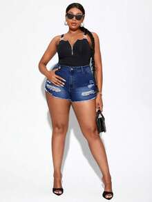 Talla grande Shorts mezclilla desgarro bajo crudo de talle alto - Azul lavado oscuro - Ver 5