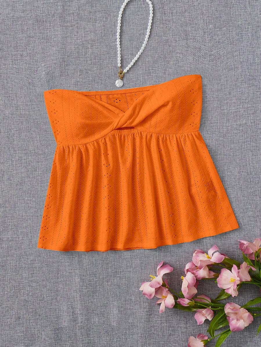 SHEIN EZwear Twist Front Peplum Tube Top - Orange - View 1