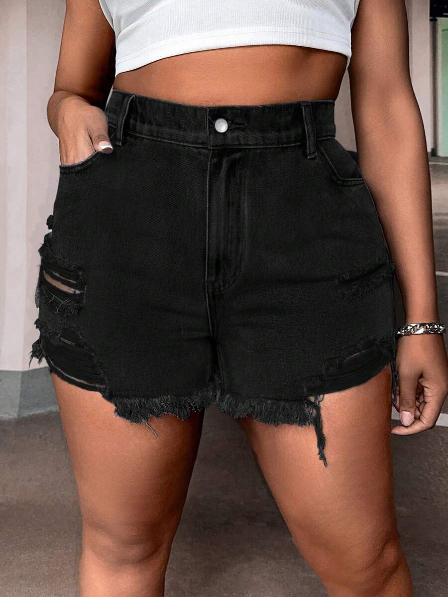 SHEIN SXY Plus Ripped Raw Hem Denim Shorts - Black - View 1