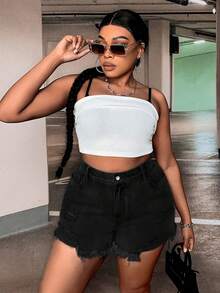 SHEIN SXY Plus Ripped Raw Hem Denim Shorts - Black - View 4