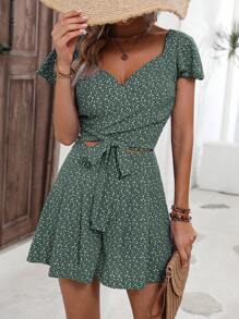 SHEIN LUNE In hoa Ditsy áo tay bướm Nút phía trước Top Cây trồng & Quần short - Màu xanh lá cây đậm - Xem 3