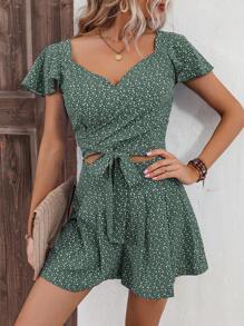 SHEIN LUNE In hoa Ditsy áo tay bướm Nút phía trước Top Cây trồng & Quần short - Màu xanh lá cây đậm - Xem 6