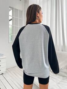 SHEIN Unity Áo thun tay Raglan phối màu họa tiết áo thun nữ - Xám - Xem 2