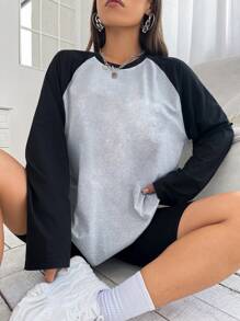 SHEIN Unity Áo thun tay Raglan phối màu họa tiết áo thun nữ - Xám - Xem 3