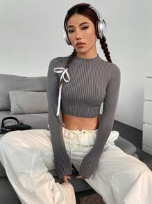 Flirla 纯色罗纹针织短款套头衫秋冬毛衣 - 灰色 - 查看 5