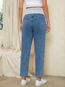 SHEIN 孕婦寬腰帶直筒牛仔褲 - 淺色水洗藍 - 查看 4