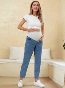 SHEIN 孕婦寬腰帶直筒牛仔褲 - 淺色水洗藍 - 查看 5