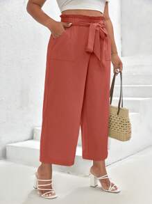 SHEIN Frenchy 大碼紙袋腰腰帶長褲 - 藕粉色 - 查看 4