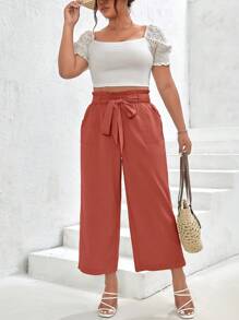 SHEIN Frenchy 大碼紙袋腰腰帶長褲 - 藕粉色 - 查看 5