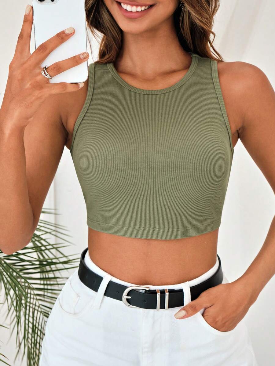 Cottnline Chất rắn Crop Tank Top - xanh quân đội - Xem 1