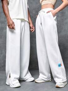 SWAVVY 1入組字母補丁細節下擺開叉腰部抽繩闊腿衛褲 - 白色 - 查看 1