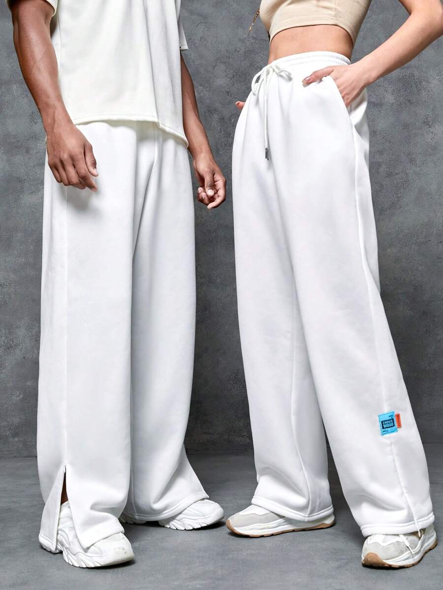 SWAVVY 1入組字母補丁細節下擺開叉腰部抽繩闊腿衛褲 - 白色 - 查看 1