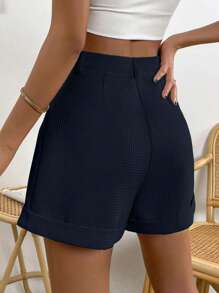 Chiquease 素色拼接細節反摺褲腳短褲 - 藏蓝色 - 查看 2