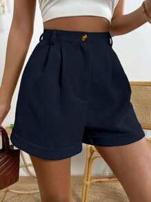 Chiquease 素色拼接細節反摺褲腳短褲 - 藏蓝色 - 查看 3