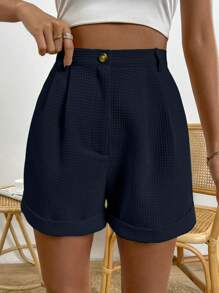Chiquease 素色拼接細節反摺褲腳短褲 - 藏蓝色 - 查看 4